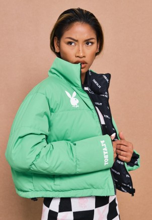playboy x missguided green reversible puffer jacket ~ padded bunny print jackets ~ womens on-trend logo outerwear - flipped