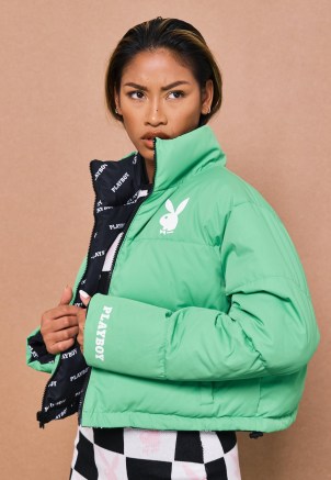 playboy x missguided green reversible puffer jacket ~ padded bunny print jackets ~ womens on-trend logo outerwear