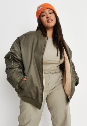 MISSGUIDED plus size khaki borg reversible oversized bomber jacket ~ womens fashionable casual green jackets - flipped