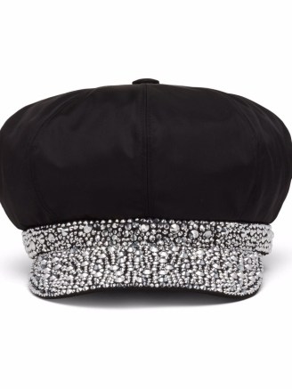 Prada Re-Nylon crystal-embellished newsboy cap in black / womens designer peaked caps / women’s glamorous hats - flipped