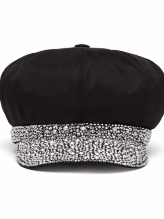 Prada Re-Nylon crystal-embellished newsboy cap in black / womens designer peaked caps / women’s glamorous hats