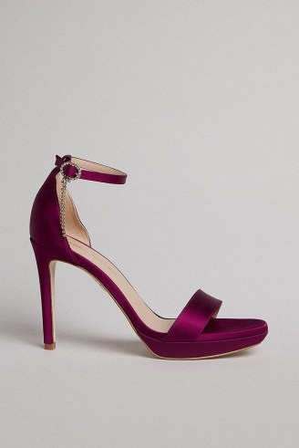 KAREN MILLEN Premium Italian Satin Crystal Fringe Buckle Platform Sandal – magenta ankle strap party platforms – glamorous embellished high evening heels - flipped
