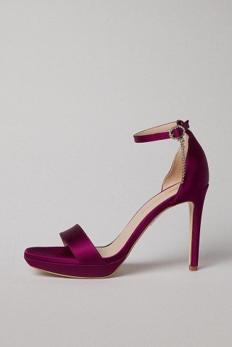 KAREN MILLEN Premium Italian Satin Crystal Fringe Buckle Platform Sandal – magenta ankle strap party platforms – glamorous embellished high evening heels