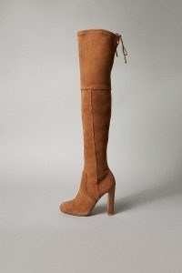 KAREN MILLEN Premium Suede Over The Knee Tie Boots – glamorous tan long boots – women’s glam winter footwear