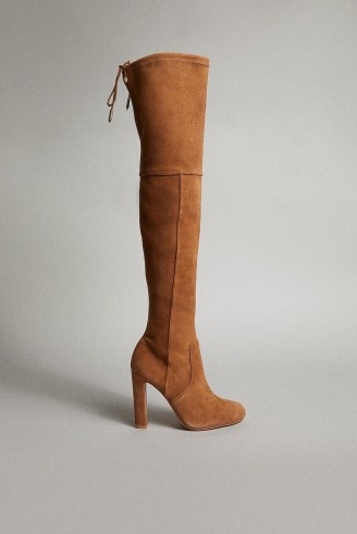 KAREN MILLEN Premium Suede Over The Knee Tie Boots – glamorous tan long boots – women’s glam winter footwear - flipped