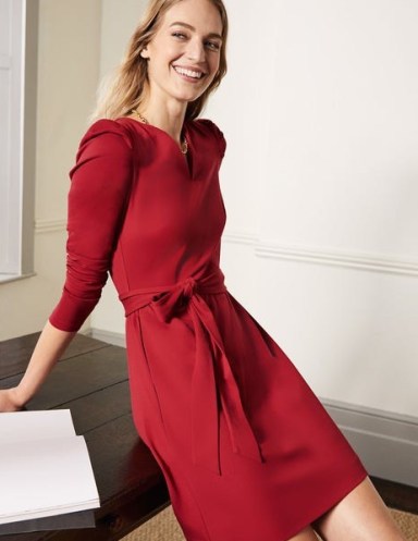 Boden Puff Sleeve Belted Ponte Dress Winter Berry – red puff sleeve tie waist dresses – women’s winter fashion - flipped