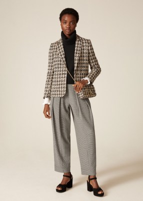 Puppy Tooth Barrel-Leg Trouser / womens chic checked trousers / Me and Em women’s fashion