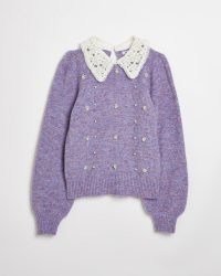 River Island PURPLE EMBELLISHED LACE COLLAR JUMPER | womens fashionable knitwear | women’s on-trend jumpers