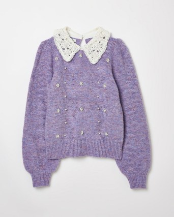River Island PURPLE EMBELLISHED LACE COLLAR JUMPER | womens fashionable knitwear | women’s on-trend jumpers - flipped