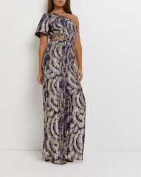 RIVER ISLAND PURPLE PRINTED ASYMMETRIC CUT OUT JUMPSUIT ~ glamorous one shoulder jumpsuits ~ womens party fashion