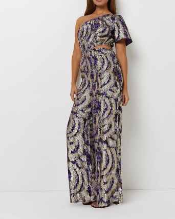 RIVER ISLAND PURPLE PRINTED ASYMMETRIC CUT OUT JUMPSUIT ~ glamorous one shoulder jumpsuits ~ womens party fashion - flipped