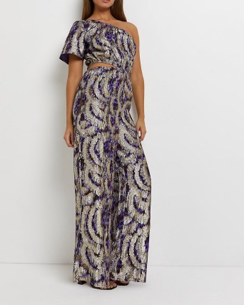 RIVER ISLAND PURPLE PRINTED ASYMMETRIC CUT OUT JUMPSUIT ~ glamorous one shoulder jumpsuits ~ womens party fashion