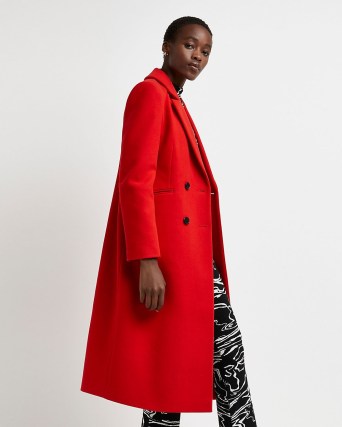 RIVER ISLAND RED DOUBLE BREASTED COAT ~ women’s bright longline coats ~ womens on-trend winter outerwear