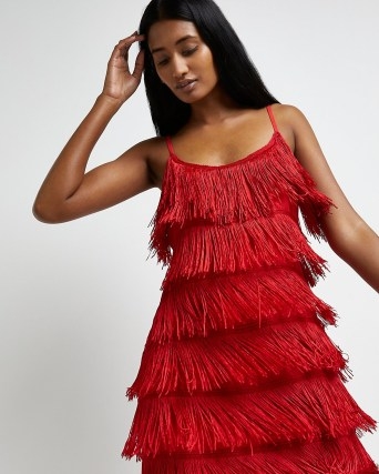 RIVER ISLAND RED FRINGE MINI DRESS ~ strappy layered fringed party dresses - flipped