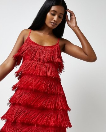 RIVER ISLAND RED FRINGE MINI DRESS ~ strappy layered fringed party dresses