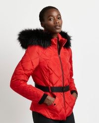 River Island RED QUILTED BELTED PUFFER COAT – hooded faux fur trimmed winter coats – womens belted padded jackets