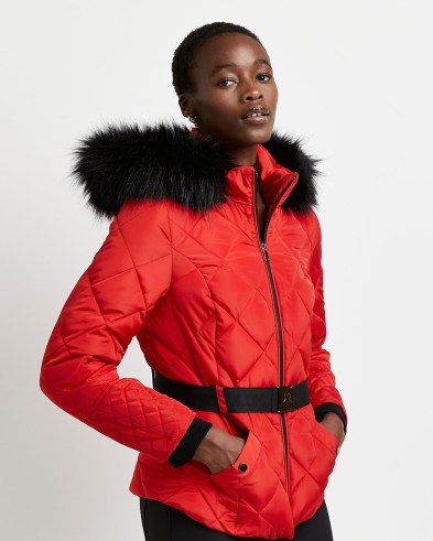 River Island RED QUILTED BELTED PUFFER COAT – hooded faux fur trimmed winter coats – womens belted padded jackets