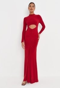 MISSGUIDED red slinky ruched high neck cut out maxi dress – elegant long sleeve evening dresses – front cutout party fashion