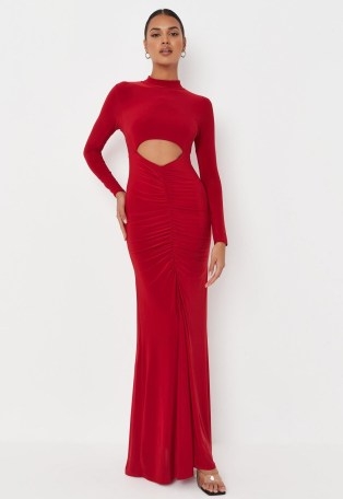 MISSGUIDED red slinky ruched high neck cut out maxi dress – elegant long sleeve evening dresses – front cutout party fashion - flipped