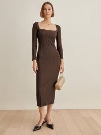 REFORMATION Reema Dress in cafe ~ stretchy ribbed knit fashion ~ lond sleeve square neck dresses ~ effortless style clothing