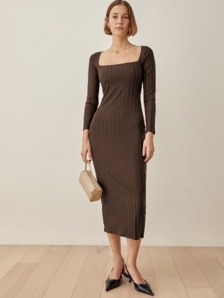 REFORMATION Reema Dress in cafe ~ stretchy ribbed knit fashion ~ lond sleeve square neck dresses ~ effortless style clothing - flipped