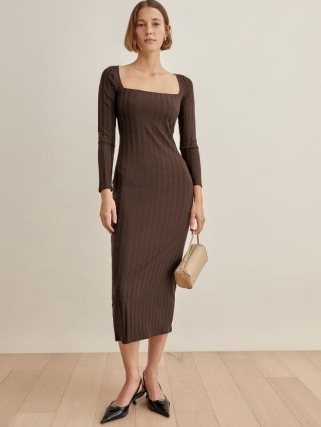 REFORMATION Reema Dress in cafe ~ stretchy ribbed knit fashion ~ lond sleeve square neck dresses ~ effortless style clothing