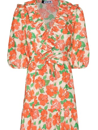 Rixo Lennon floral-print mini dress in orange green white | puff sleeve ruffle trim tie waist dresses - flipped