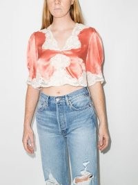 Rixo Yasmin lace-trimmed cropped blouse | peach satin vintage style crop hem blouses