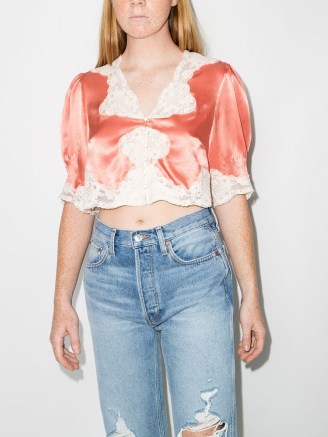 Rixo Yasmin lace-trimmed cropped blouse | peach satin vintage style crop hem blouses