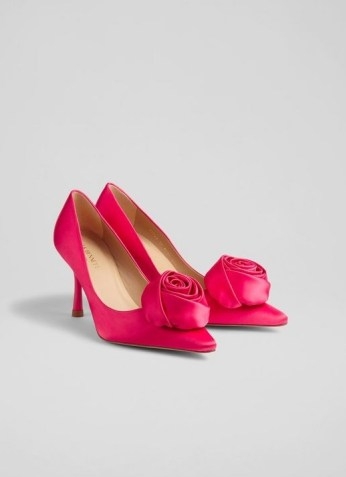 L.K. BENNETT ROSA PINK SATIN ROSETTE COURTS ~ floral pointed toe court shoes ~ party heels - flipped