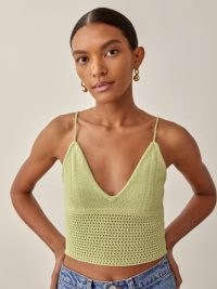 REFORMATION Rosia Open Knit Tank in Zest ~ green skinny shoulder strap crop tops ~ womens strappy knitted tanks ~ retro knitwear