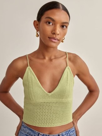 REFORMATION Rosia Open Knit Tank in Zest ~ green skinny shoulder strap crop tops ~ womens strappy knitted tanks ~ retro knitwear - flipped