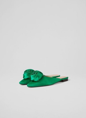L.K. BENNETT ROSIE EMERALD SATIN FLATS ~ luxe flat evening mules ~ glamorous green floral embellished party shoes - flipped