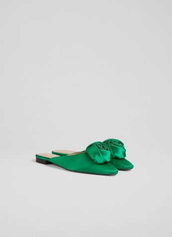 L.K. BENNETT ROSIE EMERALD SATIN FLATS ~ luxe flat evening mules ~ glamorous green floral embellished party shoes
