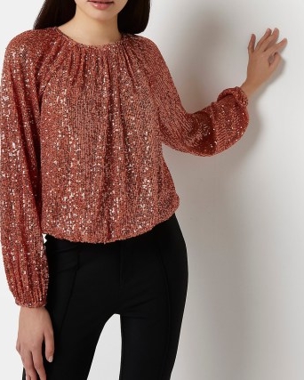 RIVER ISLAND RUST SEQUIN BLOUSE – brown tone sequinned blouses – womens sparkling tops