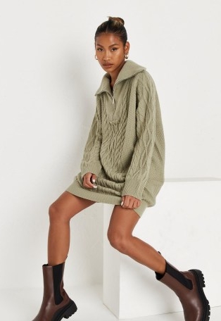 Missguided sage cable knit half zip jumper dress ~ green relaxed fit sweater dresses ~ on-trend knitted fashion
