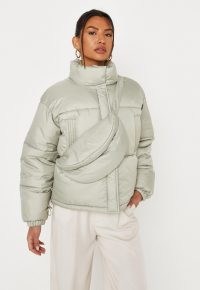 MISSGUIDED sage cross body bag puffer coat ~ light green padded high neck coats ~ womens fashionable winter jackets
