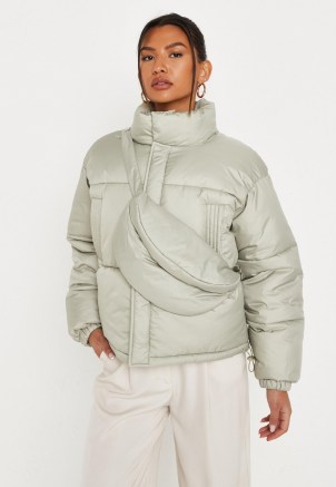 MISSGUIDED sage cross body bag puffer coat ~ light green padded high neck coats ~ womens fashionable winter jackets - flipped