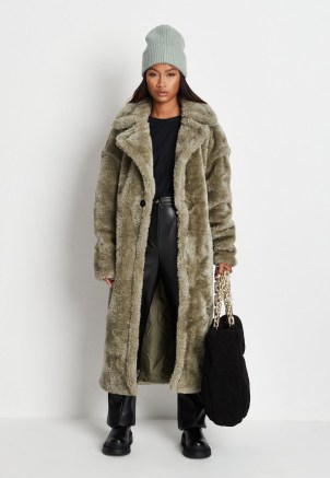 MISSGUIDED sage teddy borg seam detail longline coat – womens green faux fur winter coats – women’s on trend outerwear - flipped