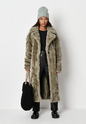 MISSGUIDED sage teddy borg seam detail longline coat – womens green faux fur winter coats – women’s on trend outerwear