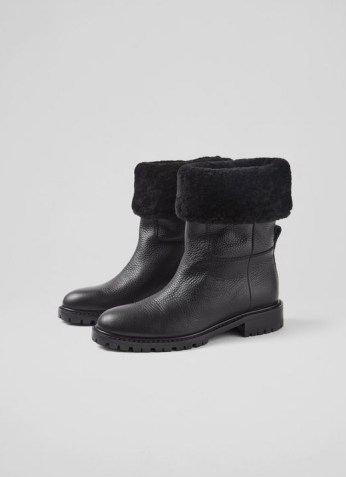 L.K. BENNETT SALLY BLACK LEATHER SHEARLING CUFF ANKLE BOOTS ~ womens cosy pull on winter boots - flipped