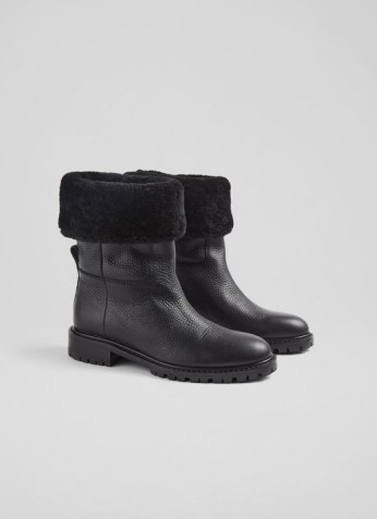 L.K. BENNETT SALLY BLACK LEATHER SHEARLING CUFF ANKLE BOOTS ~ womens cosy pull on winter boots