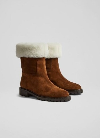 L.K. BENNETT SALLY TAN SUEDE SHEARLING CUFF ANKLE BOOTS - flipped