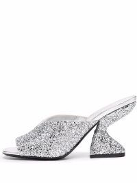 Salvatore Ferragamo metallic-silver glitter sandals ~ glittering sculpted heel mules ~ luxe party shoes