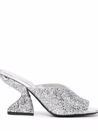 Salvatore Ferragamo metallic-silver glitter sandals ~ glittering sculpted heel mules ~ luxe party shoes - flipped