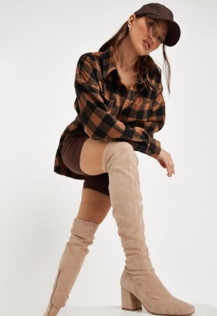 MISSGUIDED sand square toe block heel over the knee sock boots