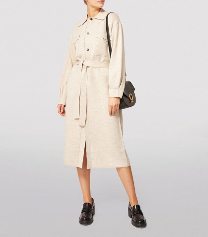 SANDRO Knitted Shirt Midi Dress in Beige | womens long sleeve tie waist dresses | neutral knitwear fashion - flipped