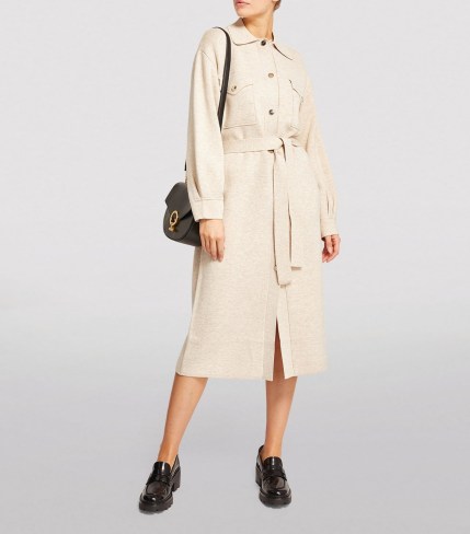 SANDRO Knitted Shirt Midi Dress in Beige | womens long sleeve tie waist dresses | neutral knitwear fashion