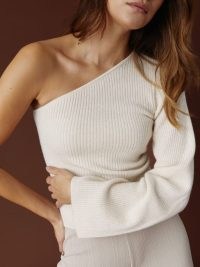 Reformation Santo Cashmere One Shoulder Sweater in Gossamer | chic asymmetric neckline jumpers | on-trend one sleeve sweaters | luxe knitwear
