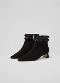 L.K. BENNETT SASKIA BLACK SUEDE RUFFLE TRIM ANKLE BOOTS ~ cute ruffled booties ~ womens chic footwear